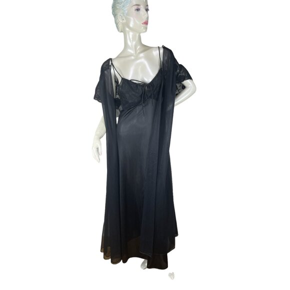 1960s black peignoir negligee in nylon and lace by Shadowline Size S/M - Picture 9 of 10